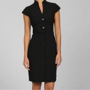 Calvin Klein Black Button Front Sheath Dress Size S Belted Cap Sleeve Lined